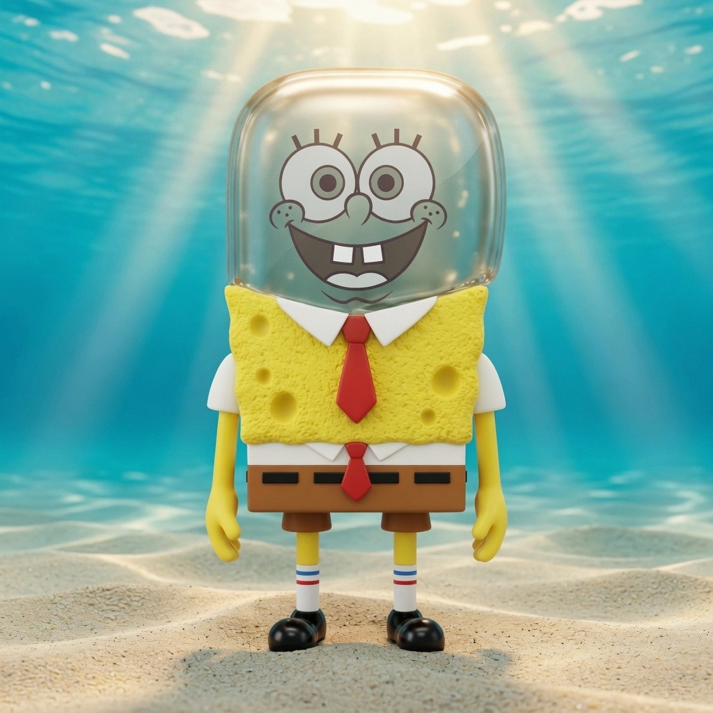 SpongePon, a yellow sponge in a white shirt and red tie with a glass capsule head